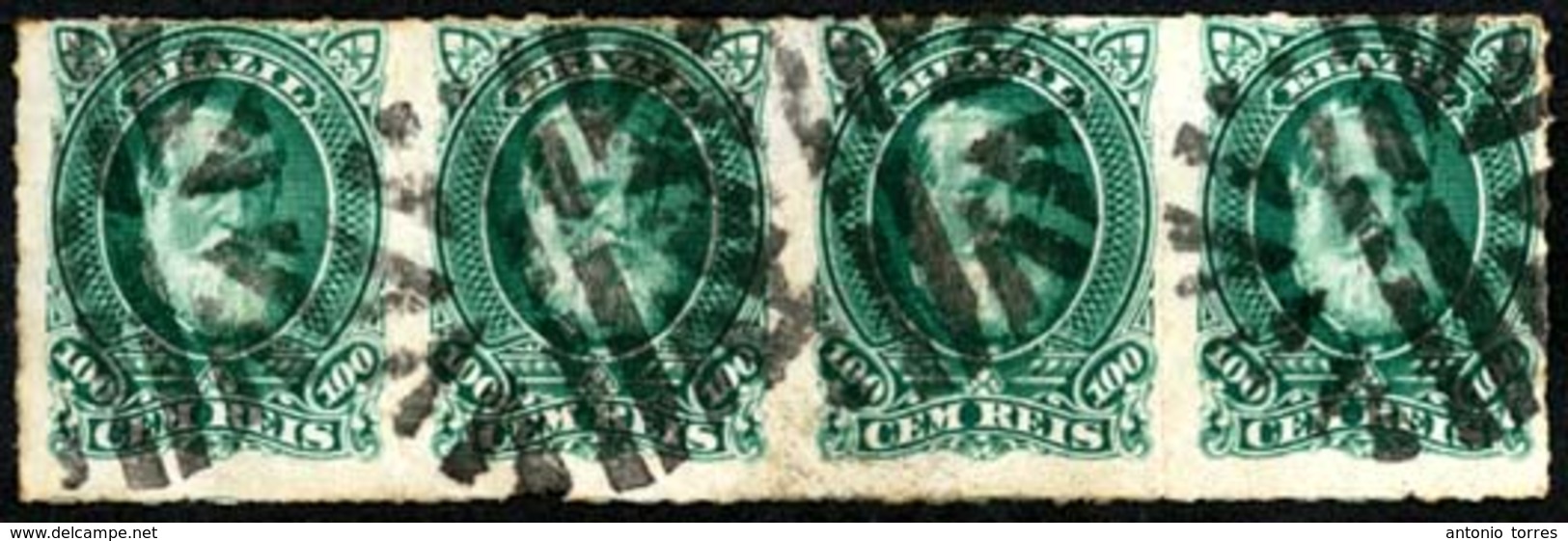 BRAZIL. 1878. 100r Green In A Fine Used Strip Of Four Cancelled By Parquet Barred Obliterator In Black. Scarce Multiple  - Other & Unclassified