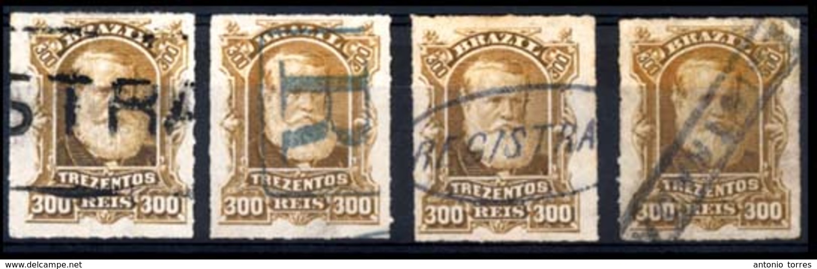 BRAZIL. 1879. 300r Bistre Brown, A Group Of 4 Used Examples All With Different Types Of 'REGISTRADO' Cancellations, One  - Other & Unclassified