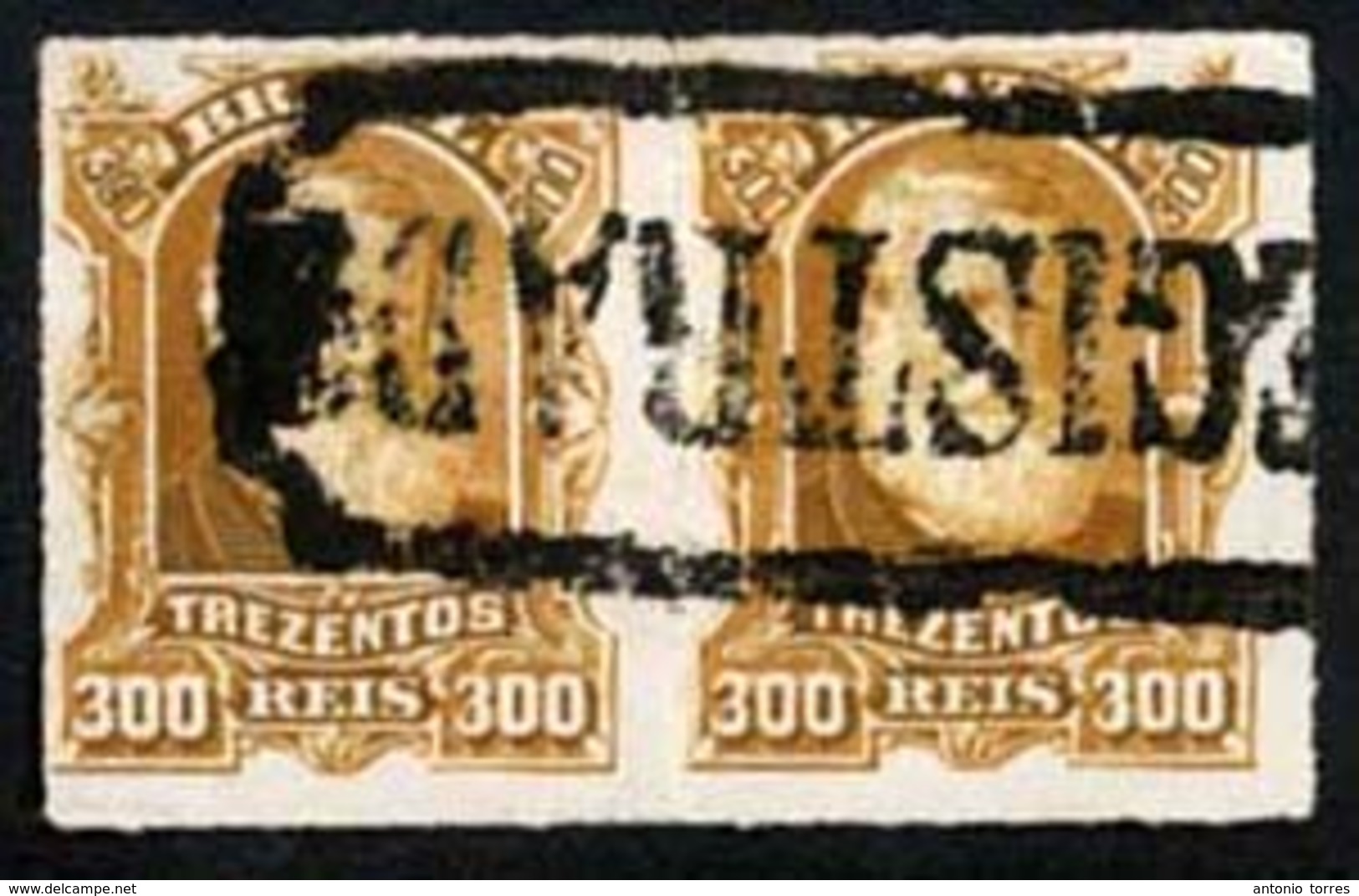 BRAZIL. 1879. 300r Bistre Brown, A Fine Used Pair Sharing Bold Strike Of Framed 'REGISTRADA' Large Type Handstamp In Bla - Other & Unclassified
