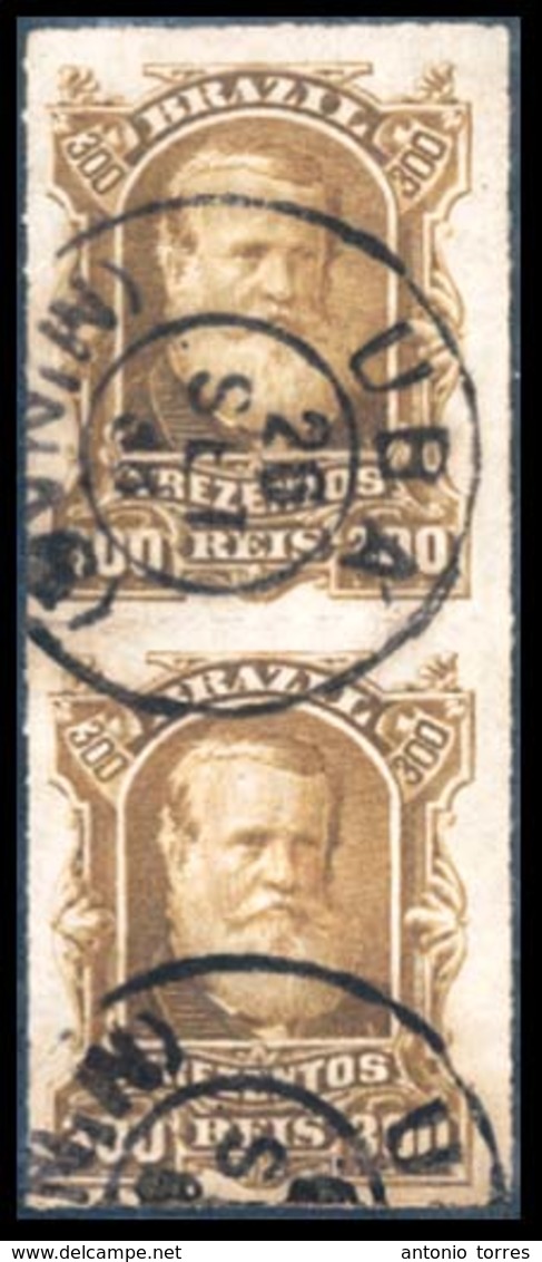 BRAZIL. 1879. 300r Bistre Brown, A Fine Used Vertical Pair Cancelled By UBA Cds Dated 26.SET.88 In Black. Scarce And Att - Other & Unclassified