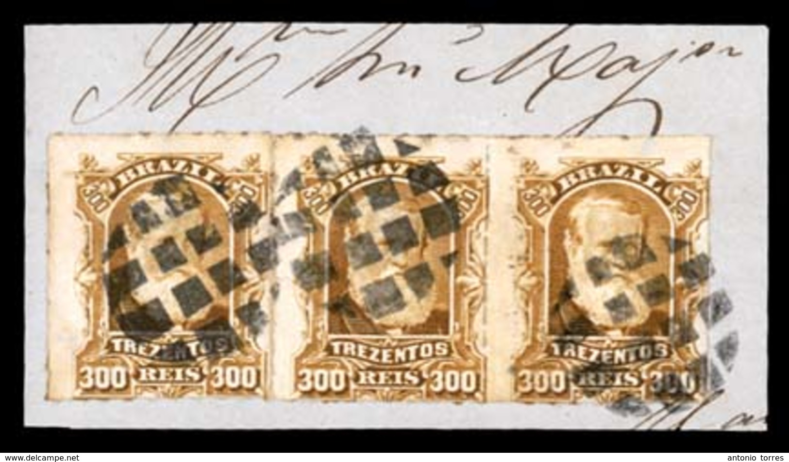 BRAZIL. 1879. 300r Bistre Brown, Strip Of Three On Piece, Cancelled By Neat Dotted Cork Handstamps In Black, Ayres #0261 - Other & Unclassified