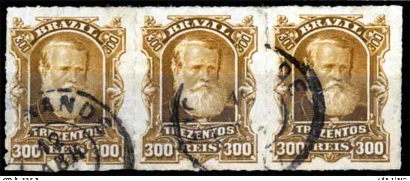 BRAZIL. 1879. 300r Bistre Brown, A Fine Used Horizontal Strip Of Three Cancelled By Cds's In Black. Scott 75. - Other & Unclassified