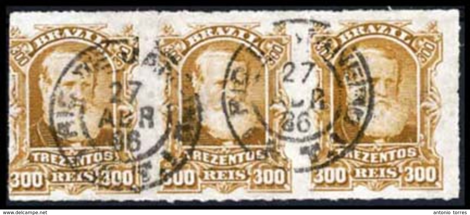 BRAZIL. 1879. 300r Bistre Brown, A Very Fine Used Strip Of Three Cancelled By Rio De Janeiro Cds's Dated 27.ABR.86 In Bl - Altri & Non Classificati