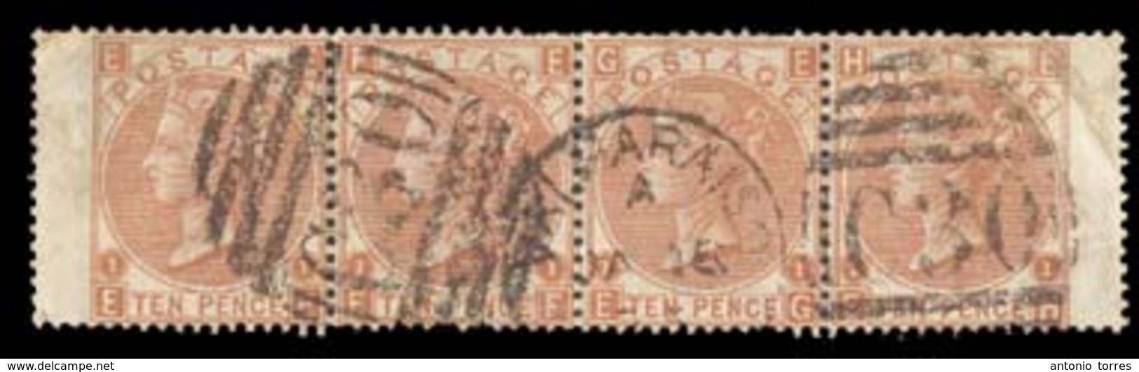 CHILE. 1875. BPO/Valparaiso . GB 10d Plate 1. Horizontal STRIP OF FOUR, Cancelled C-30 + Cds Valparaiso.Exceedingly Scar - Chile