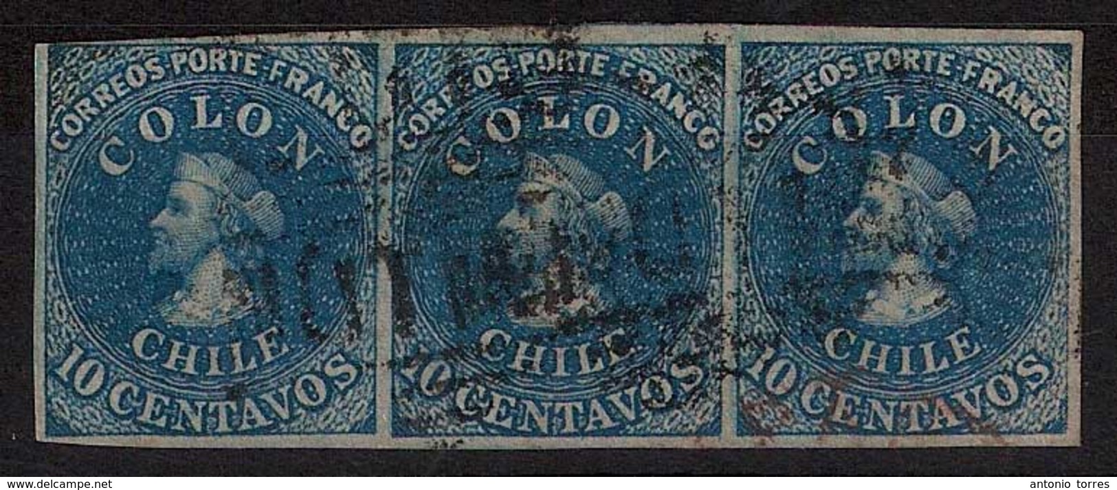 CHILE. 1854. 5c. (3). 10c. Horizontal Strip Of 3. Very Good Complete Margins. Lovely Multiple. - Cile