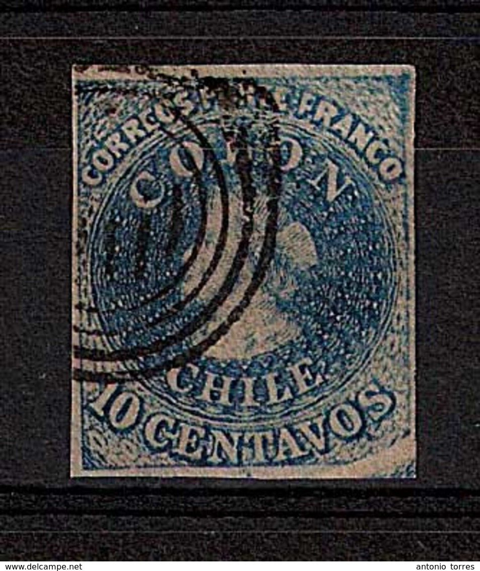 CHILE. 1856. Sc 10. 10c. Good Margins / White Paper. PAPERFOLD. At Lower Night. A Rarity. VF. - Chile