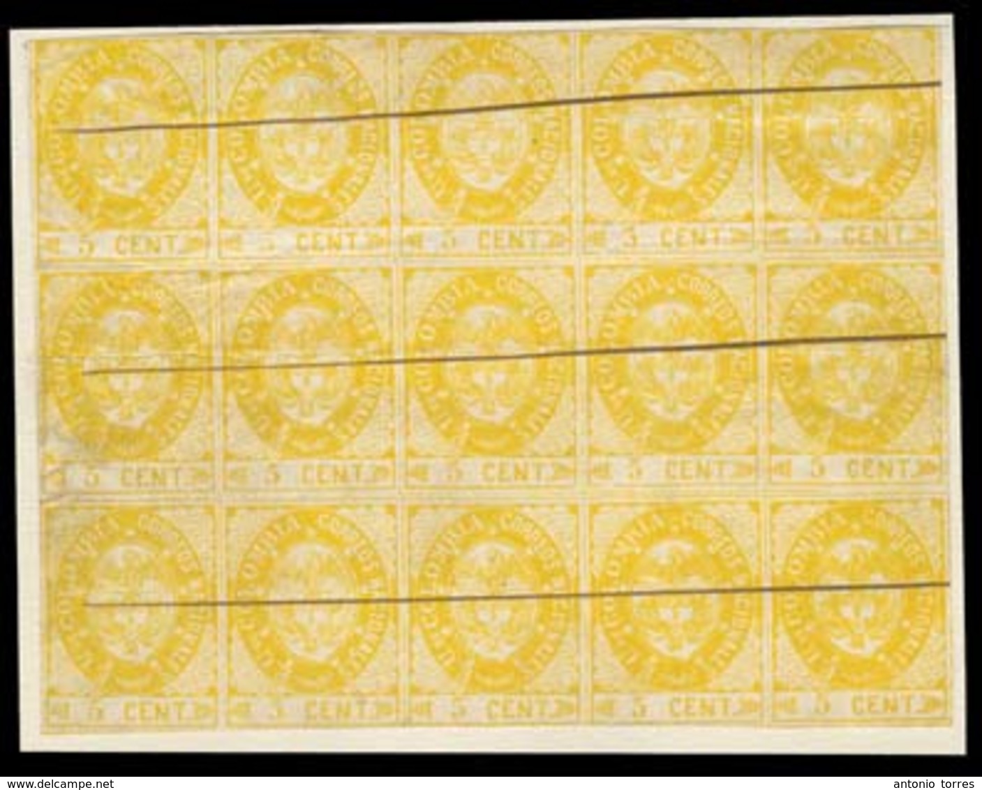 COLOMBIA. 1865. Sc 37º (x15). 5c Yellow, BLOCK OF FIFTEEN, Pen Cancel, Complete To Large Margins. One Stamp Minor Thin A - Colombia