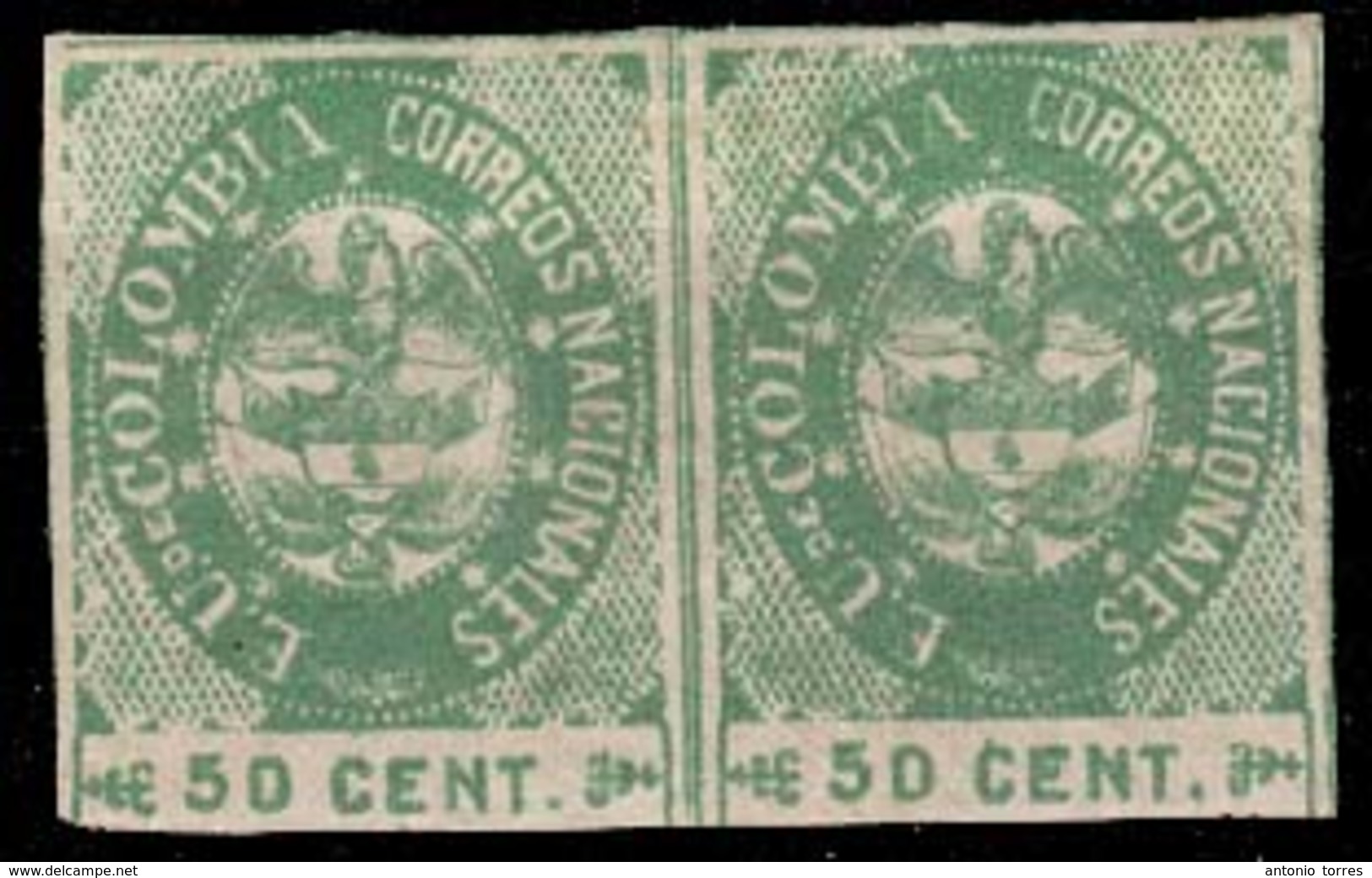 COLOMBIA. 1865. Sc. 41 (x) (2). 50c.green, Small Figures, Horiz. Mint Pair. Scarce Multiple. Fine. - Colombia