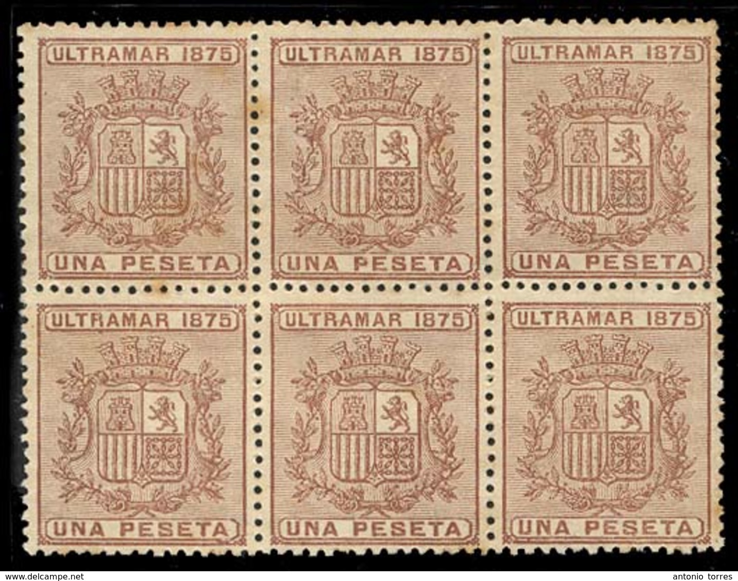 CUBA. 1875. 1 Pta Nuevo, Bloque De 6. Escaso Multiple. Pieza De Exhibición. Ed.34. - Other & Unclassified