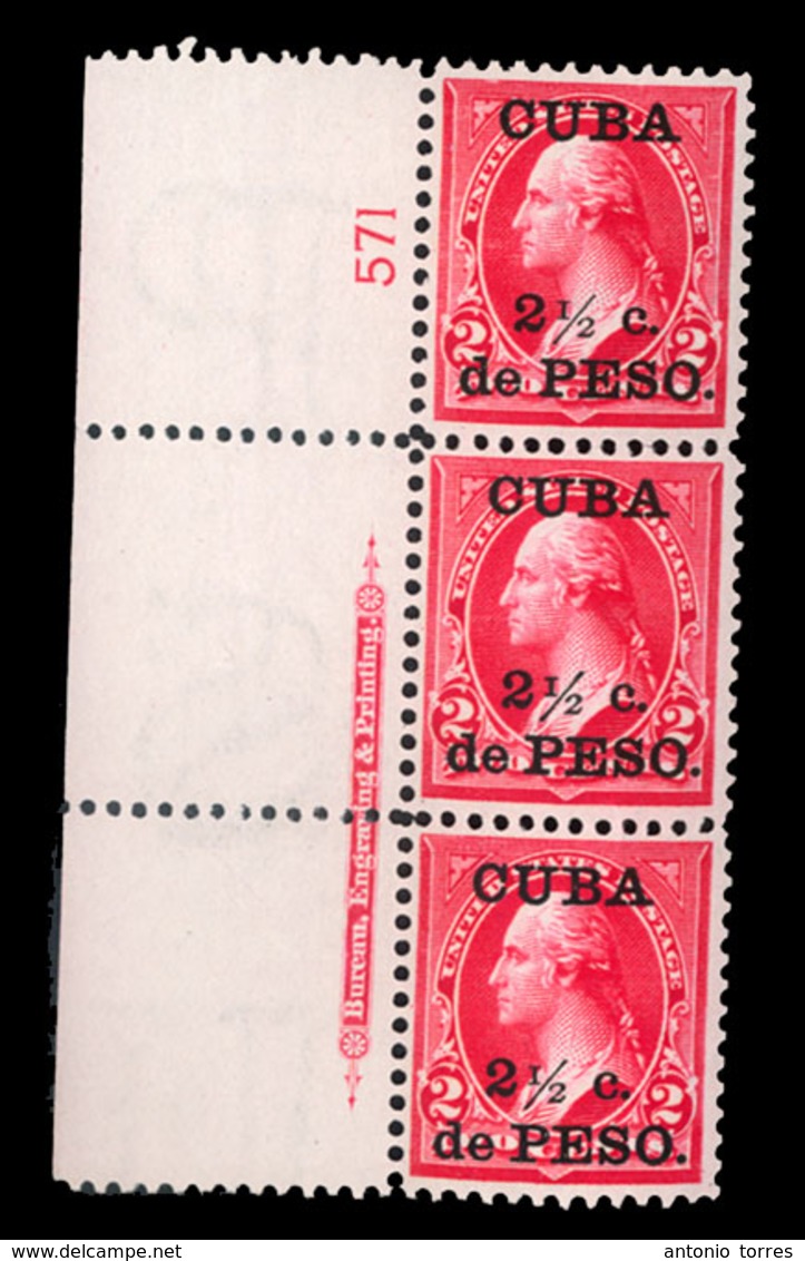 CUBA. 1899. 2 1/2 On 2c. Carmine "U.S.Ocupation", A Fine Unounted Mint Vertical Strip Of Three With Full IMPRINT, Plate  - Other & Unclassified