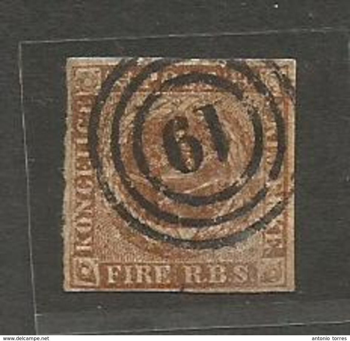 DENMARK. 1854. Yv 2bº. Fire RBS. 4 Margins Light Brown Complete Margins, Cancelled Rings "19" Plate Variety At Left Side - Autres & Non Classés