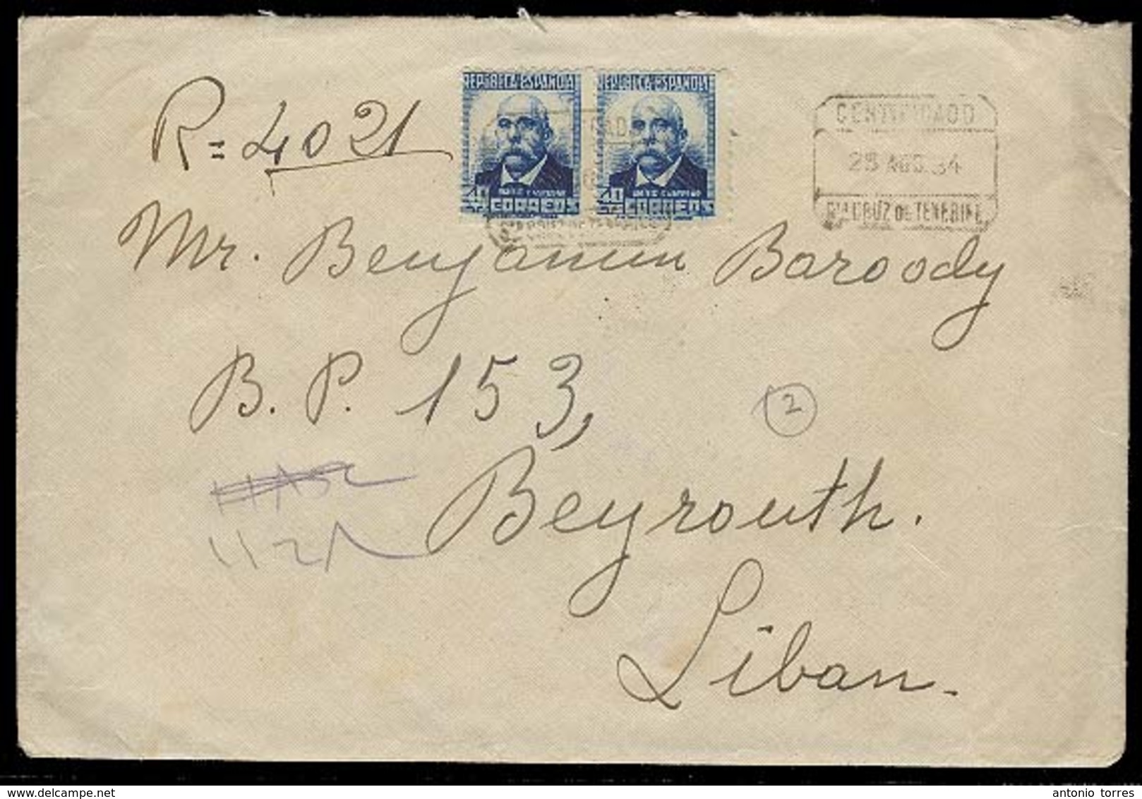 E- II REPUBLICA. 1934 (28 Ago). S/c Tenerife - Libano. Sobre Franqueo Certificado. Raro Destino. - Other & Unclassified