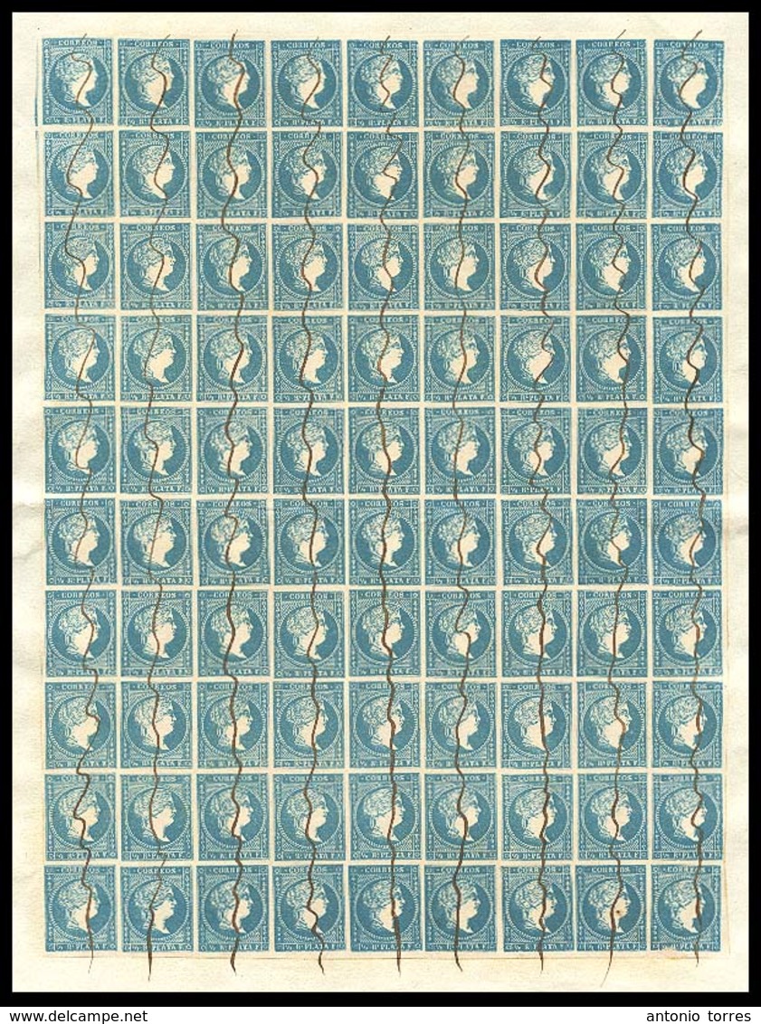 E-ANTILLAS. 1/2 R. Blue Imperf. Superb Block Of 90 (9x10). Full Margins Light Ink Vertically Obliterated, Showing Multip - Altri & Non Classificati