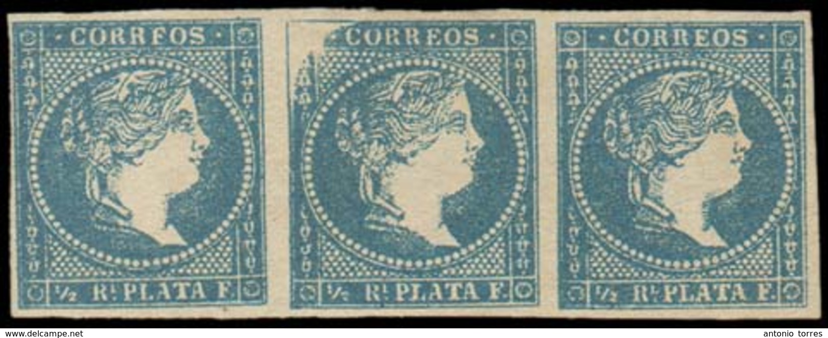 E-ANTILLAS. 1857. 7(*)(3). 1/2rl, Azul, Tira Horizontal De Tres, Grandes Margenes Con Variedad PLANCHA Esquina Desgastad - Autres & Non Classés
