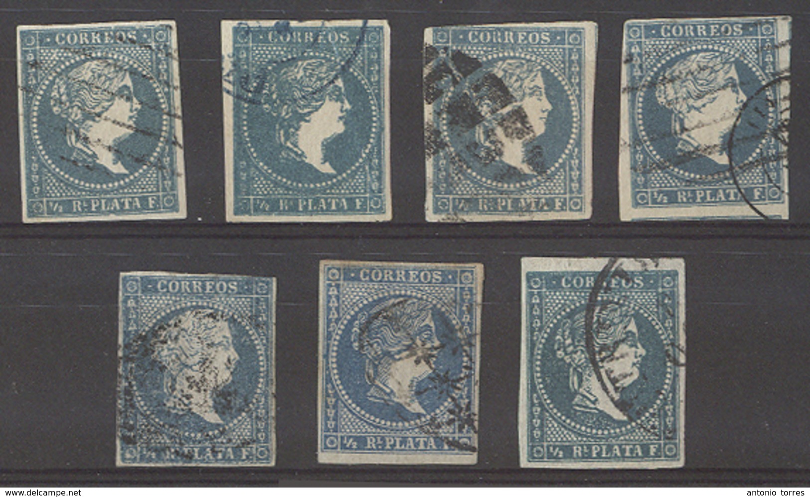 E-ANTILLAS. 1857. Ed 7º (x7) 1/2rl Azul Sin Filigrana. Muy Interesante Selección De 7 Sellos Con Matasellos Diff Plancha - Other & Unclassified