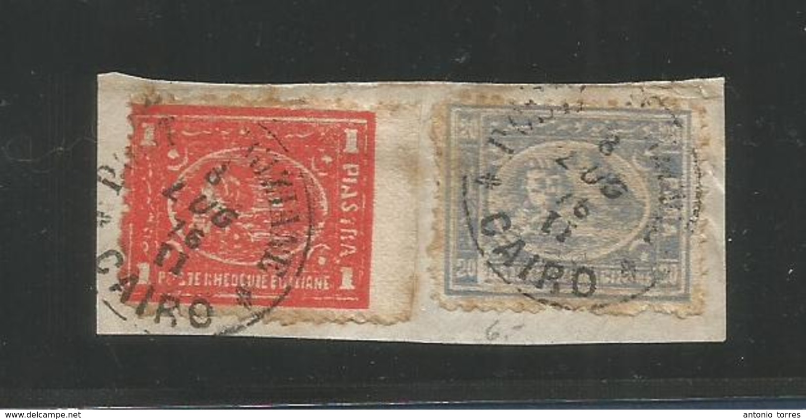 EGYPT. 1876 (8 June) Cairo. Local Fragment 1 Piaster Red + 20 Para Lilac, Cds On Pieces. - Other & Unclassified