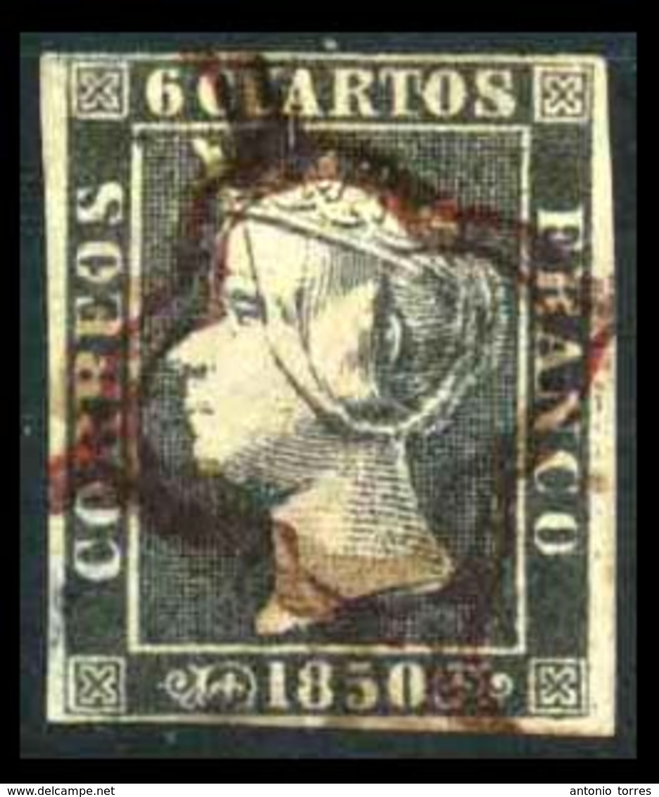 E-ISABEL II. 1Aº Pl II-34. Márgenes Ctos., Papel Medio. Mat. Araña Roja Con Efecto Negativo Por Estar Mojada Antes De Ap - Altri & Non Classificati