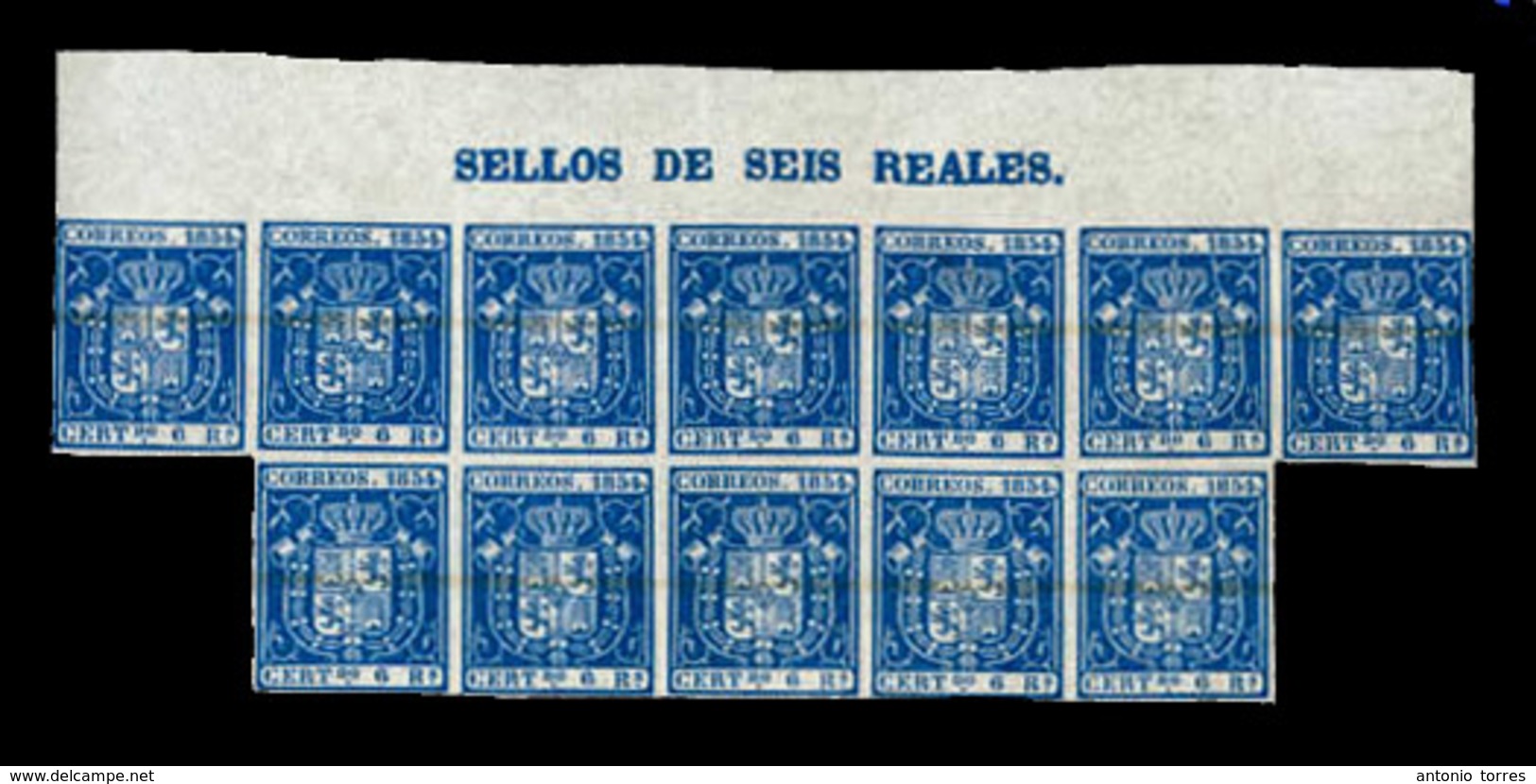 E-ISABEL II. 27*. 1854. Escudo De España. 6rs Azul. Excepcional Bloque De 12 Ejemplares, Parte Central De La Hoja Nuestr - Other & Unclassified