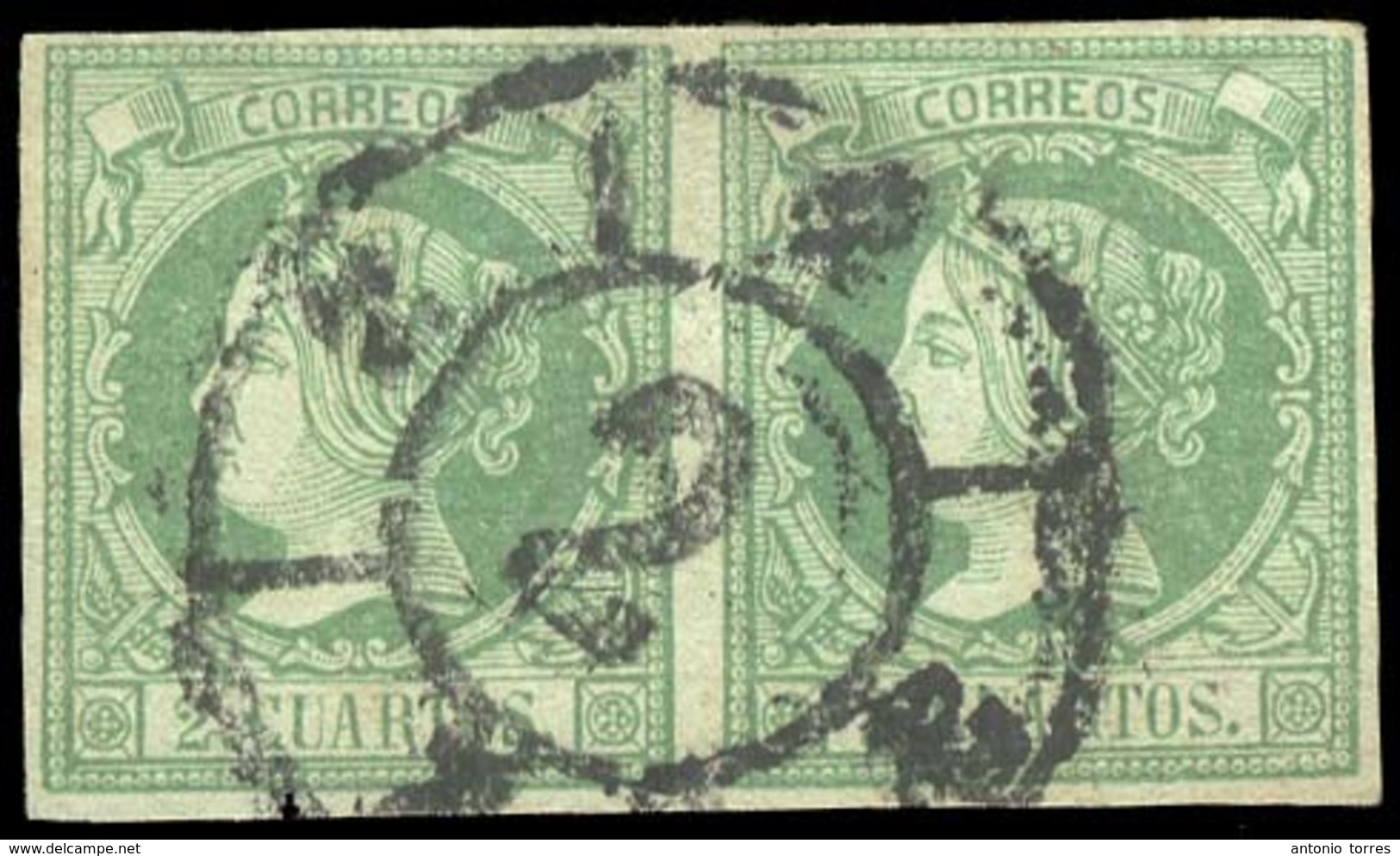 E-ISABEL II. 51º    (2). 1860. 2 Cuartos Verde. Pareja Horizontal. R.C.2. Buenos Margenes. Preciosa. Raro Multiplo. - Altri & Non Classificati