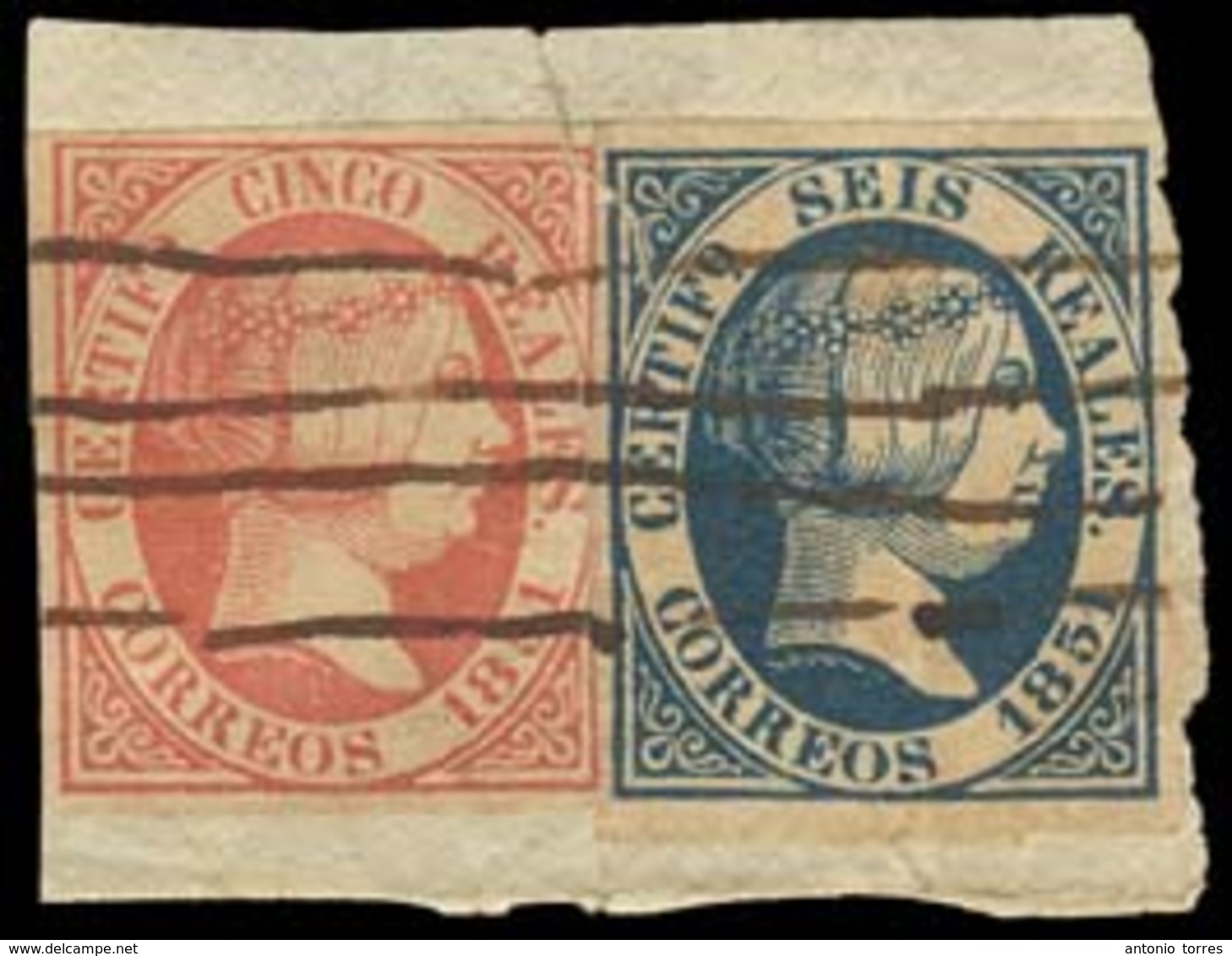 E-ISABEL II. 9º, 10º. 1851. 5rs Rosa Y 6 Rs Azul Oscuro Hoja Inferior / Fragmento. Mat Pluma. Con Defecto En Margen Supe - Other & Unclassified