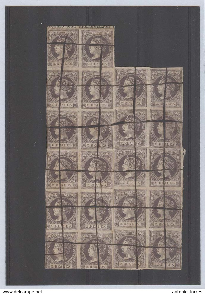 E-ISABEL II. 1860. 56F (x22). Falso Postal 2rs 1860 Violeta, 22 Sellos En 4 Bloques Matasellos Pluma En Fragmento. Raro  - Other & Unclassified