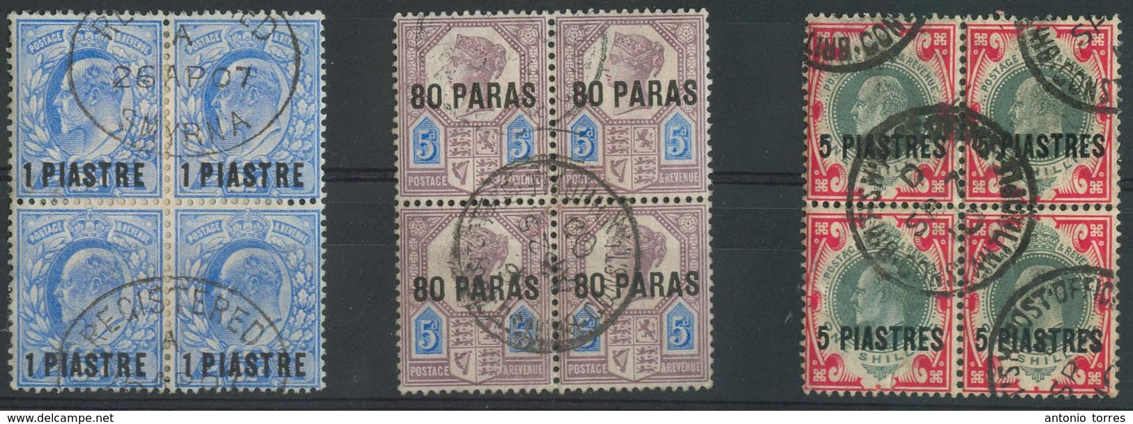 GrB - British Levant. 1905-7. 3 Diff Values Block Of 4 Used Incl 80p, 1 Piaster + 5 Piaster. Cancelled At Smyrna And Con - ...-1840 Prephilately