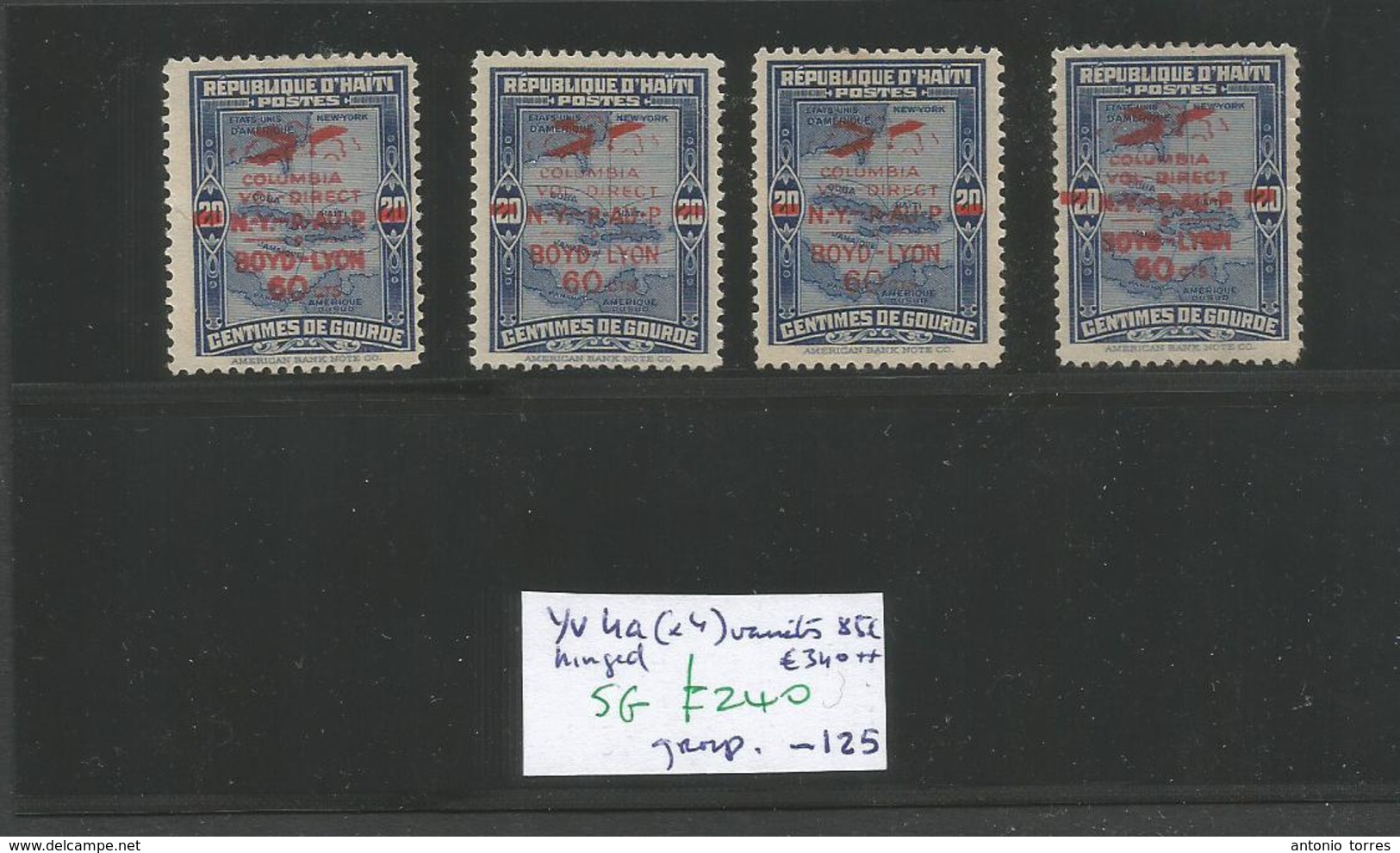 HAITI.  C. 1930 Airmail Yv. 4a (x4) Overprinted 60c/20c Red, All With Diff  Varieties. Columbia - NY Flight. Boyd - Lydn - Haiti