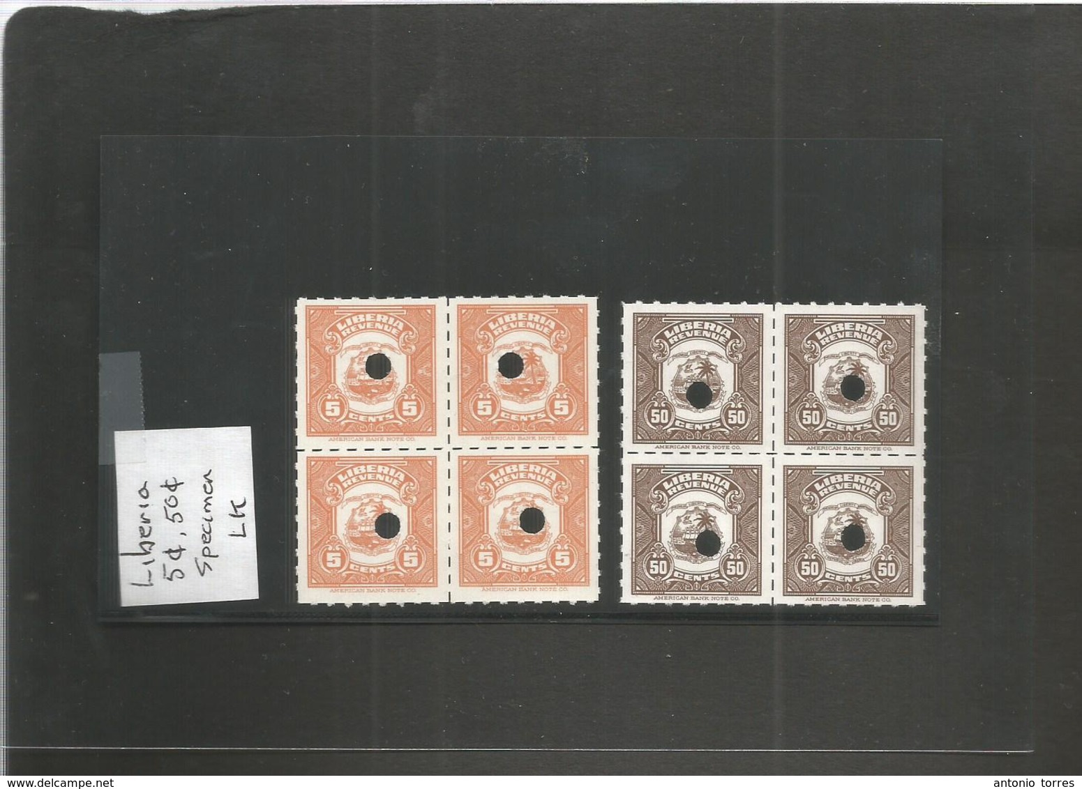 LIBERIA. C. 1960s Revenue Specimen 2 Block Of Four Incl 5c + 50c. Fine. - Liberia