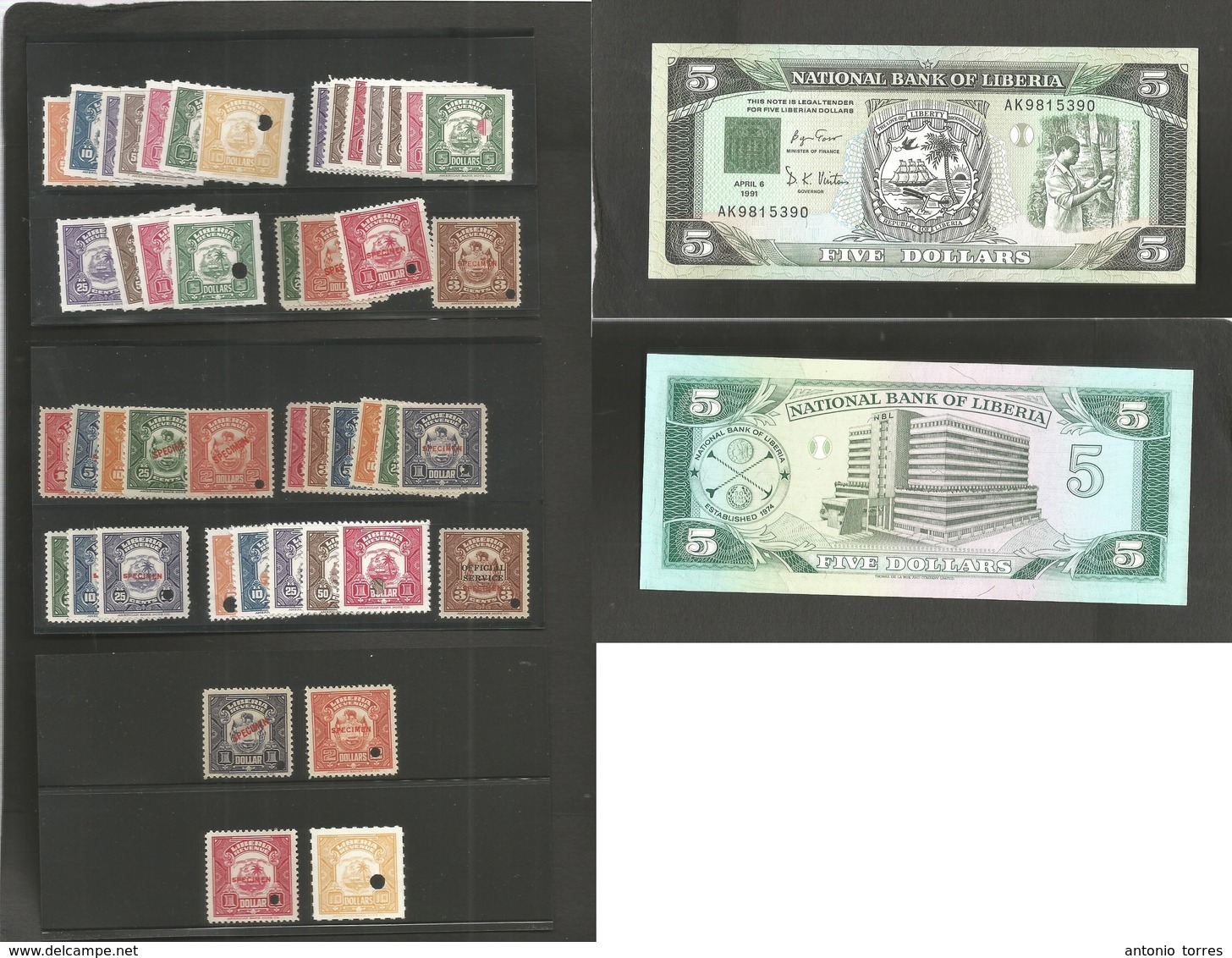 LIBERIA. 1930s/90s. Revenue Stamp Selection + Banknote. Specimen Type Values To 1, 2, 5 And 10$. Officials. Total 46 Ite - Liberia