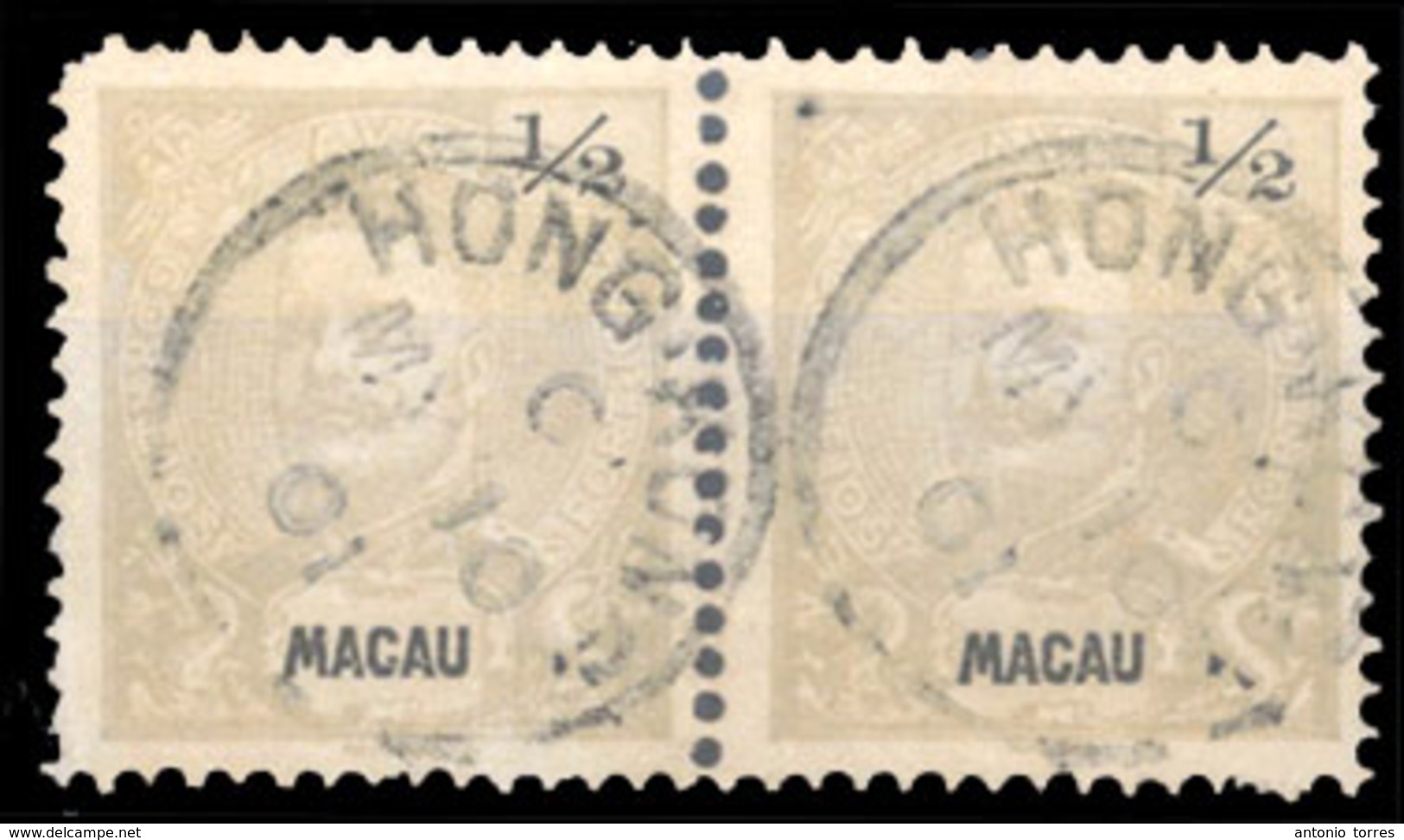 MACAU. 1898. (Af. 78) 1/2a Horizontal Pair, Cancelled Small "Hong Kong" C.d.s. (May 10/1901) - Other & Unclassified