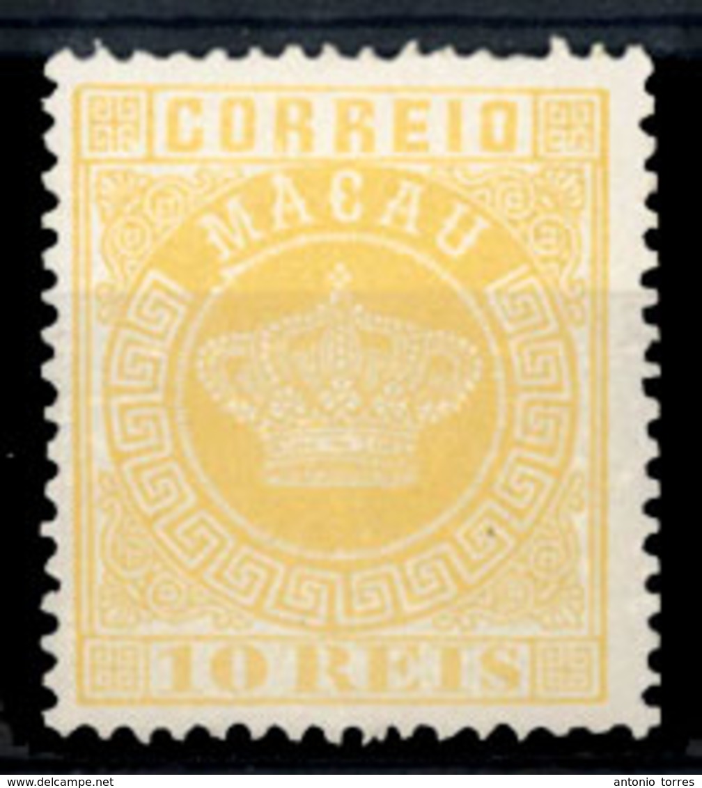 MACAU. 1884. Crown Issue. 10rs Yellow. 1885 Reprint On White Thick Paper, Perf 13 1/2. Fine. - Andere & Zonder Classificatie