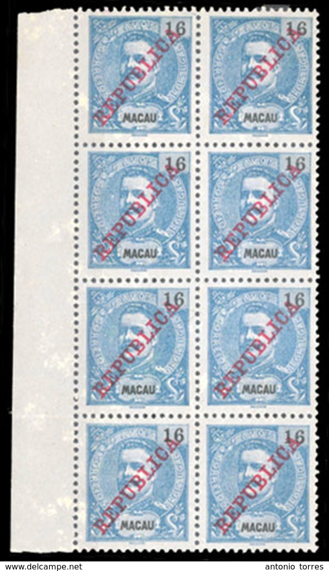 MACAU. 1911. D. Carlos I. Ovpted "Republica" 16 Avos Blue S/blue. Vertical BLOCK OF EIGHT. Margin Border At Left. Superb - Other & Unclassified