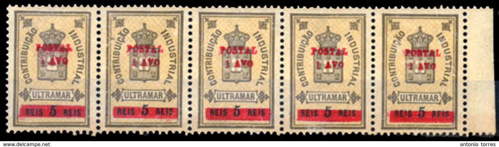MACAU. 1911. Fiscal, Ovpted Local. "Postal/1Avo/-" In Red. (Af. 144). An Excellent HORIZONTAL STRIP OF FIVE With Margin  - Other & Unclassified
