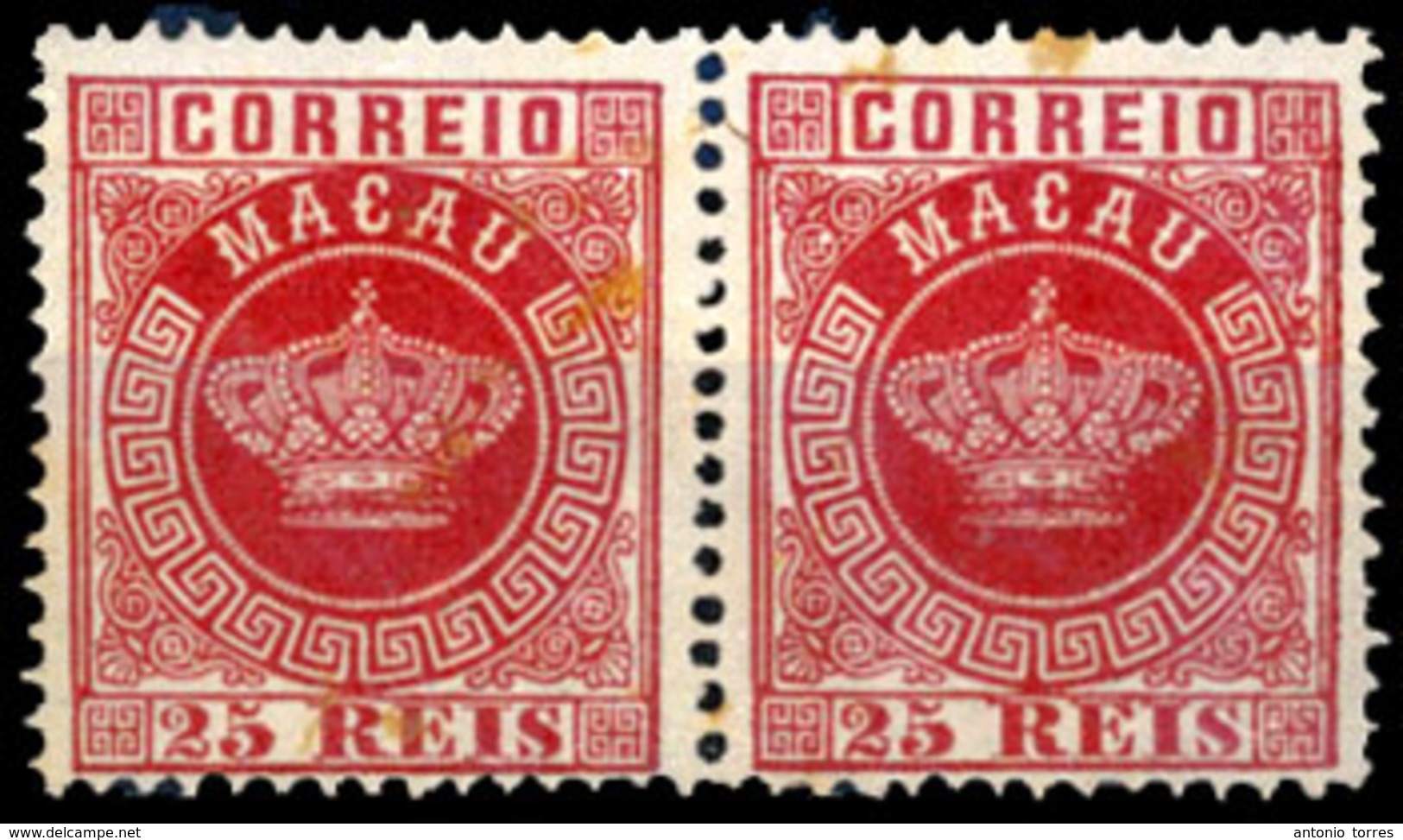 MACAU. 1884. Crown Issue 25rs Carmin Rose, Perf 12 1/2 HORIZONTAL PAIR, Mint, (couple Spots On Reverse). No Gum. Scarce. - Other & Unclassified