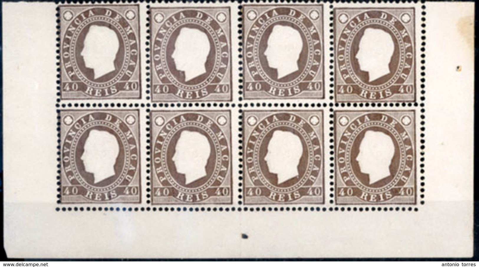 MACAU. 1888. D. Luis I Embossed. 40r Brown Perf 12 1/2. BLOCK OF EIGHT, With Margin Borders, Lower Part Of Sheet. V. Fin - Autres & Non Classés