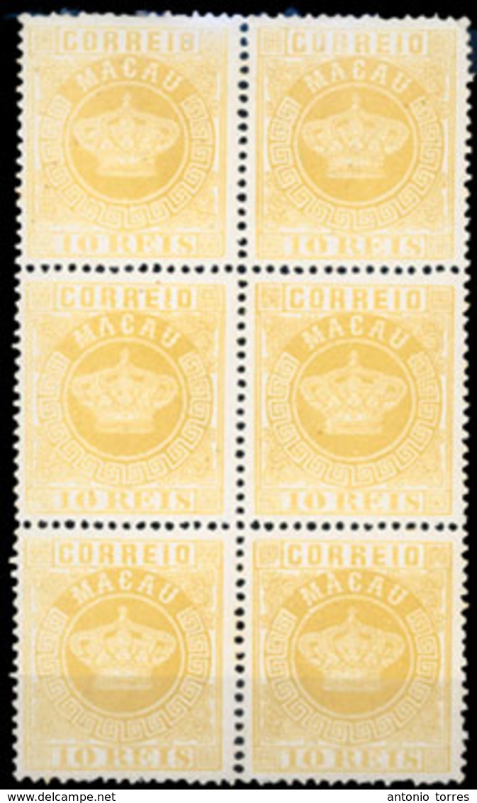 MACAU. 1884. 10rs Yellow Crown Issue, Perf. 13½. 1885 Official REPRINT, On White Thick Paper, Vertical BLOCK OF SIX. Har - Autres & Non Classés