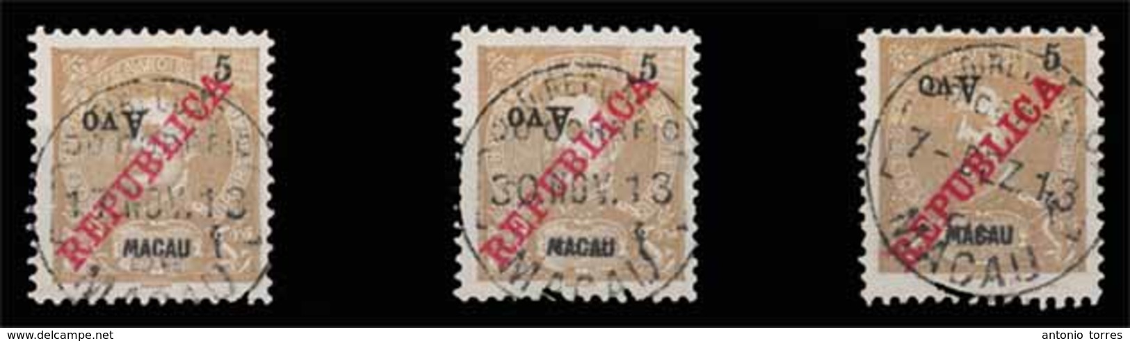 MACAU. 198º. 1913 D. Carlos Mouchon Ovpted Issue. ½ S /5a Yellow Chestnut INVERTED Value Ovpts. 3 Used Copies, Showing D - Autres & Non Classés