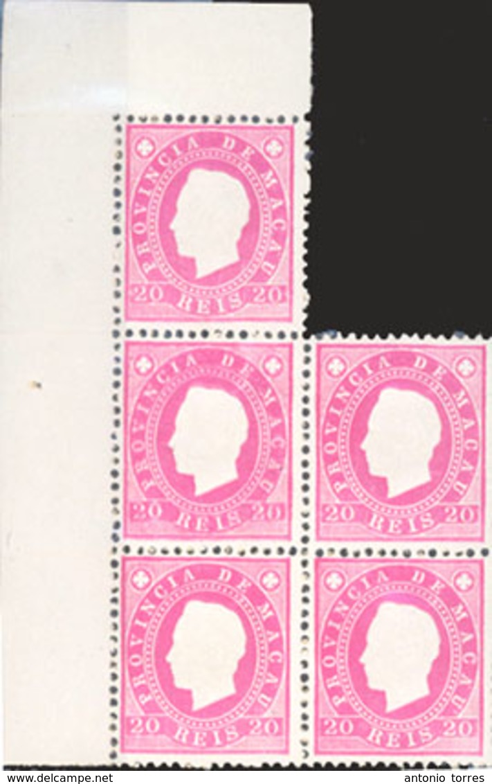 MACAU. 34*. D. Luis Fita Direita/straight Label. Perf 12½ , 20rs Rose, Mint Vert. BLOCK OF FIVE (1-2-2) Upper Left Of Sh - Other & Unclassified