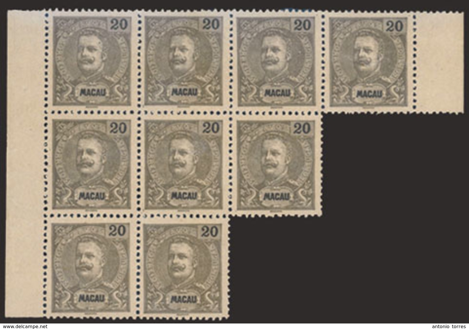 MACAU. 98*. 1900 Carlos I Mouchon New Colours 20a Dark Brown On Yellowish Paper, Horiz. BLOCK OF NINE (4-3-2), Center Of - Other & Unclassified