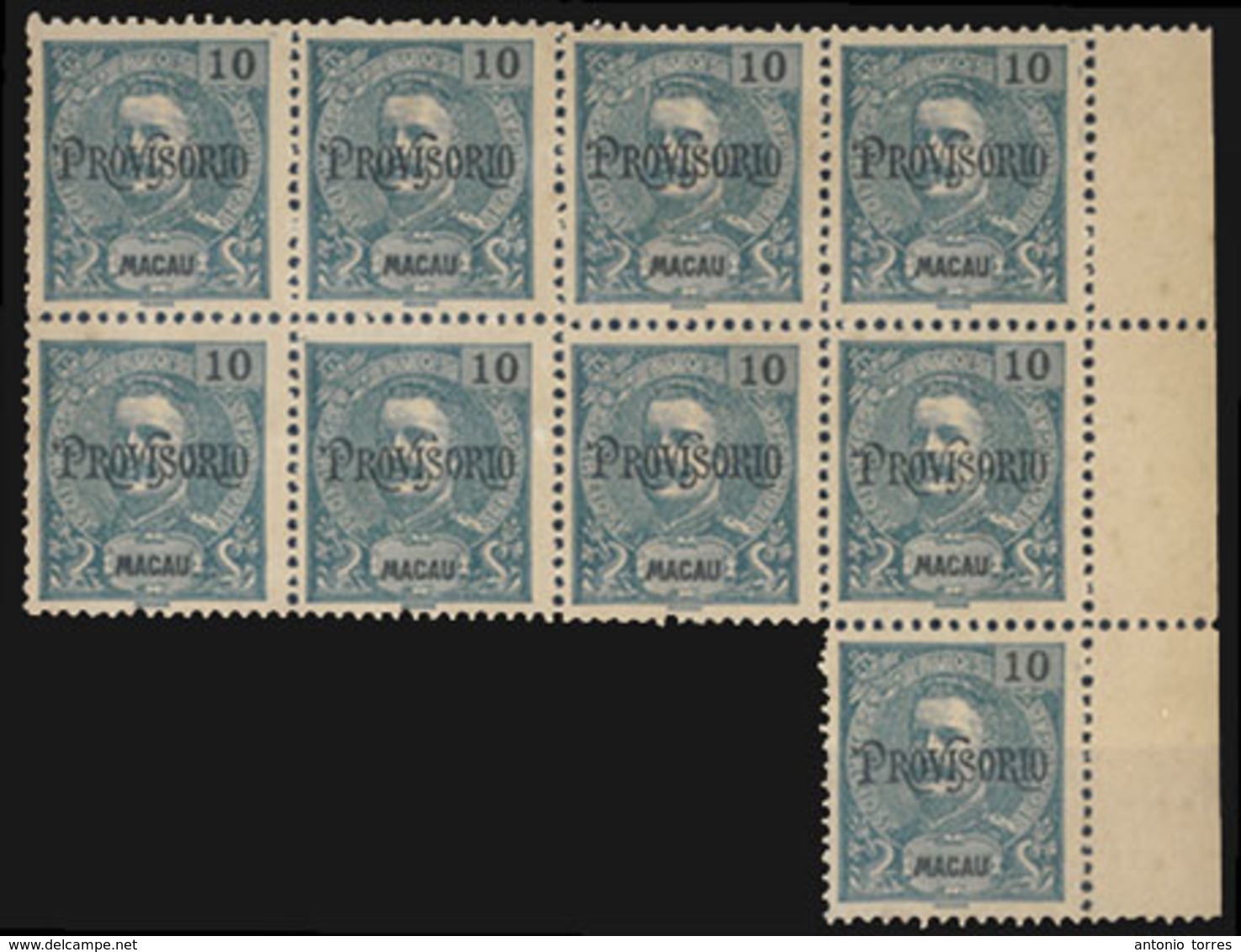 MACAU. 127*. D. Carlos I. Mouchon With "PROVISORIO" Ovpt. 10a Blue-emerald. BLOCK OF NINE Mint, With Margin Border At Le - Autres & Non Classés