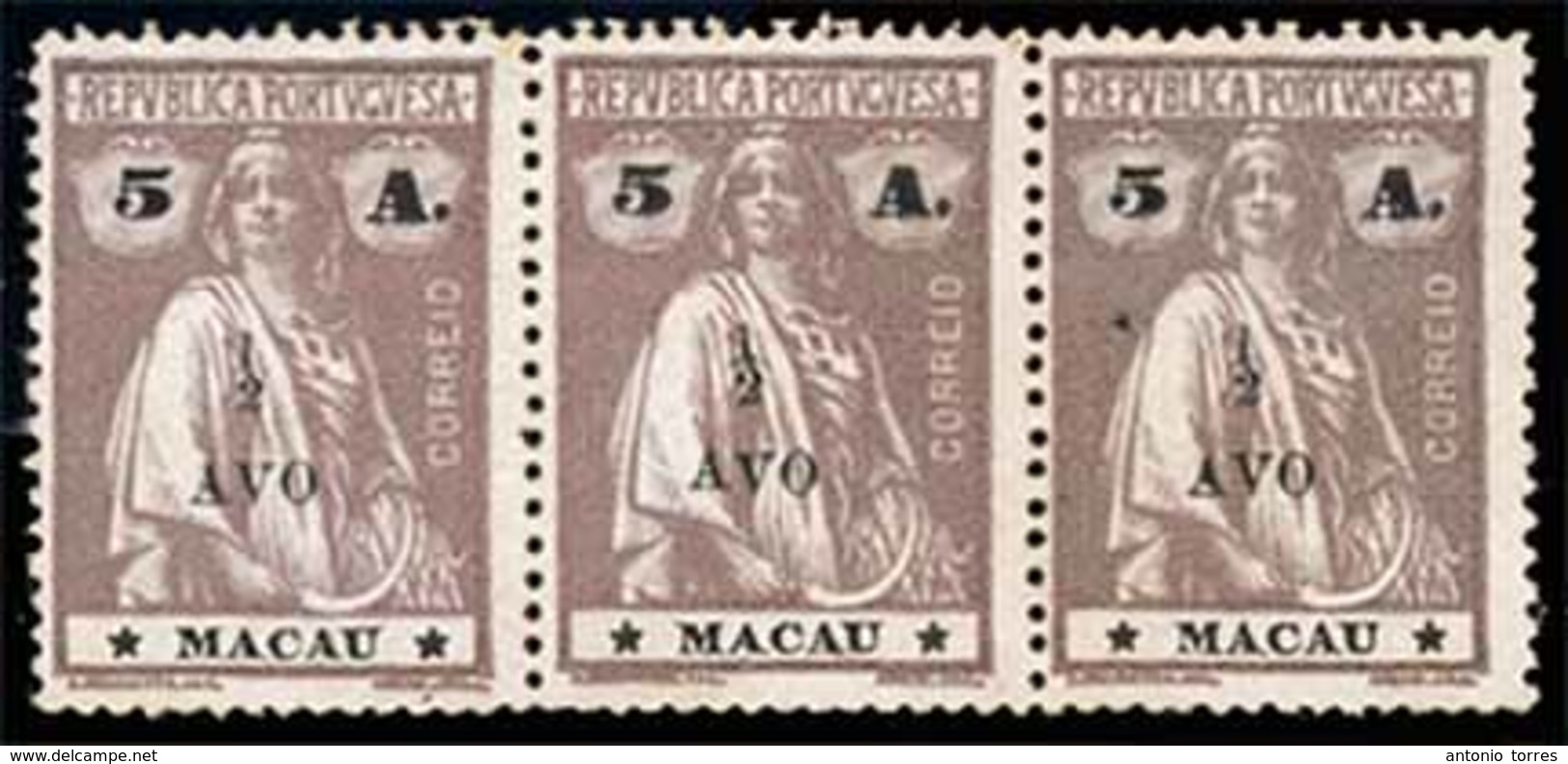 MACAU. 172*. 1919 ½ A S/5a Chestnut Horiz. Mint STRIP OF THREE, All Diff. Subtypes, The Right Stamp With Printers Waste  - Autres & Non Classés