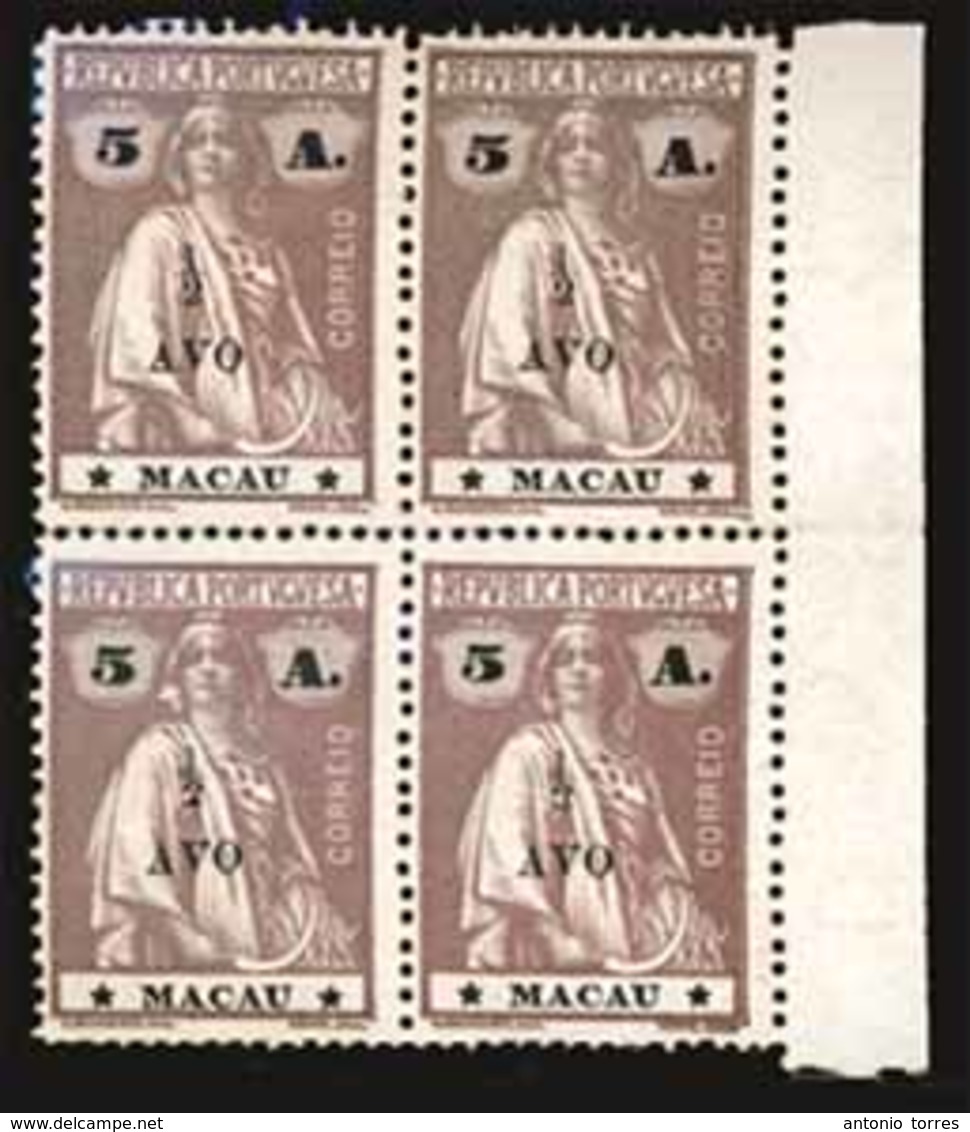 MACAU. 243*. 1919 Ceres Tax Locally Ovpted. ½ A/5A Light Brown, Mint BLOCK OF FOUR, Margin Border At Right. Same Subtype - Altri & Non Classificati