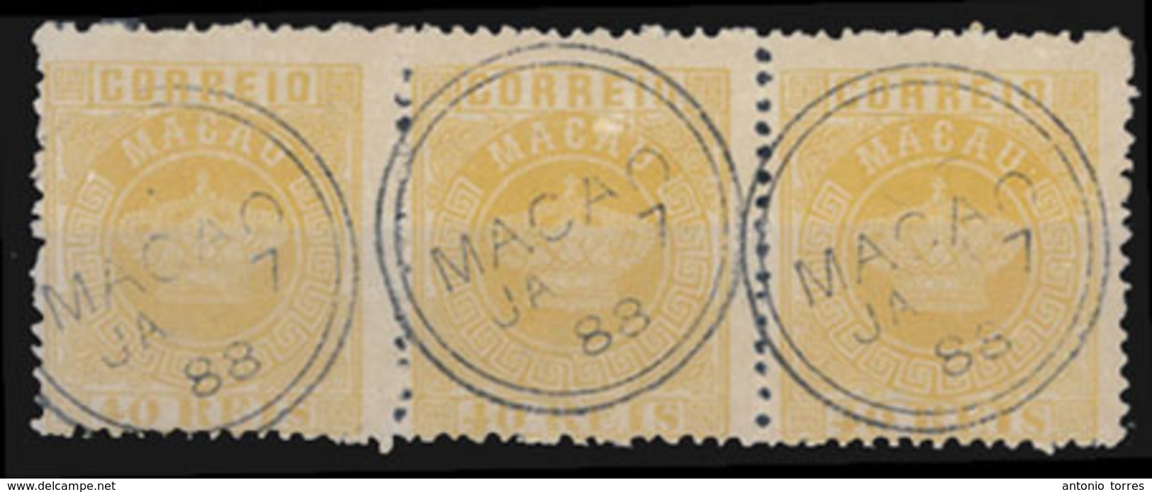 MACAU. 19º. 1885 Crown Issue 40rs Yellow On Cream Paper, Perf. 13½ . Horizontal Used STRIP OF THREE, Cancelled "JA7/88". - Other & Unclassified