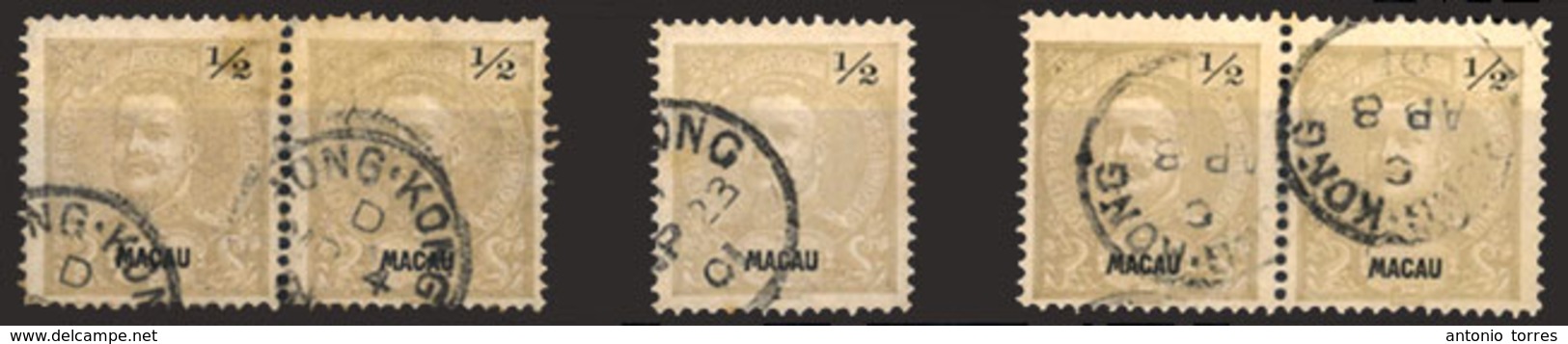 MACAU. 78º. 1898 Mouchon Issue, ½ Avo Grey 5 Stamps (2 Pairs And One Single) Cancelled "HONG KONG/d" Small C.d.s.'s. Fin - Autres & Non Classés