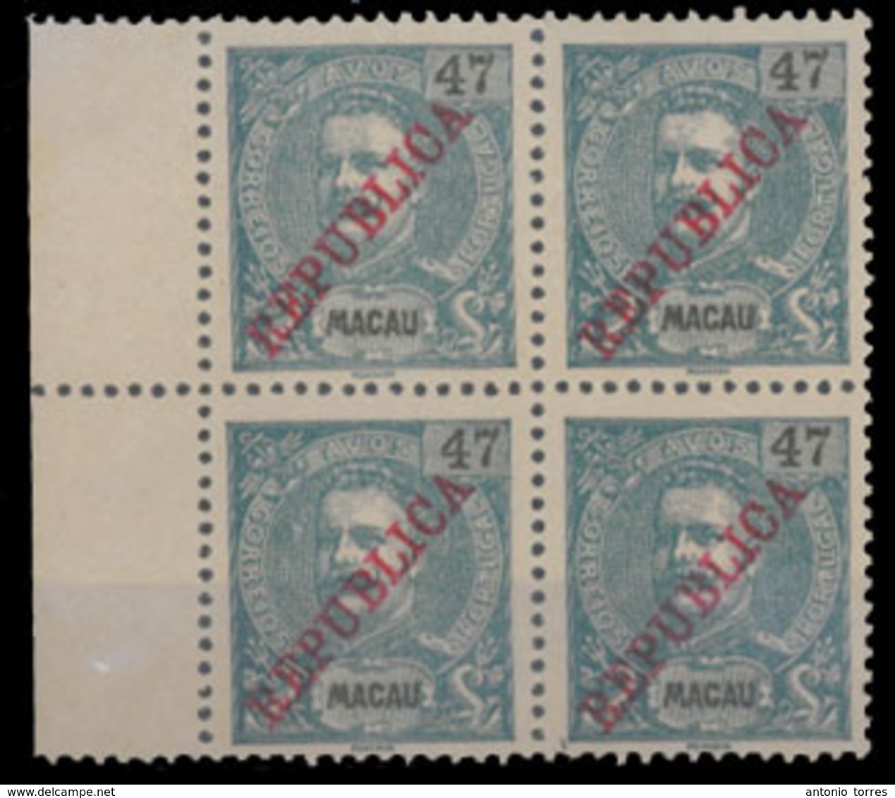 MACAU. 196*. 1913 Local Republica Mouchon Issue. 47a Blue On Yellow. Red Ovpt. Superb BLOCK OF FOUR, Margin Border At Le - Altri & Non Classificati