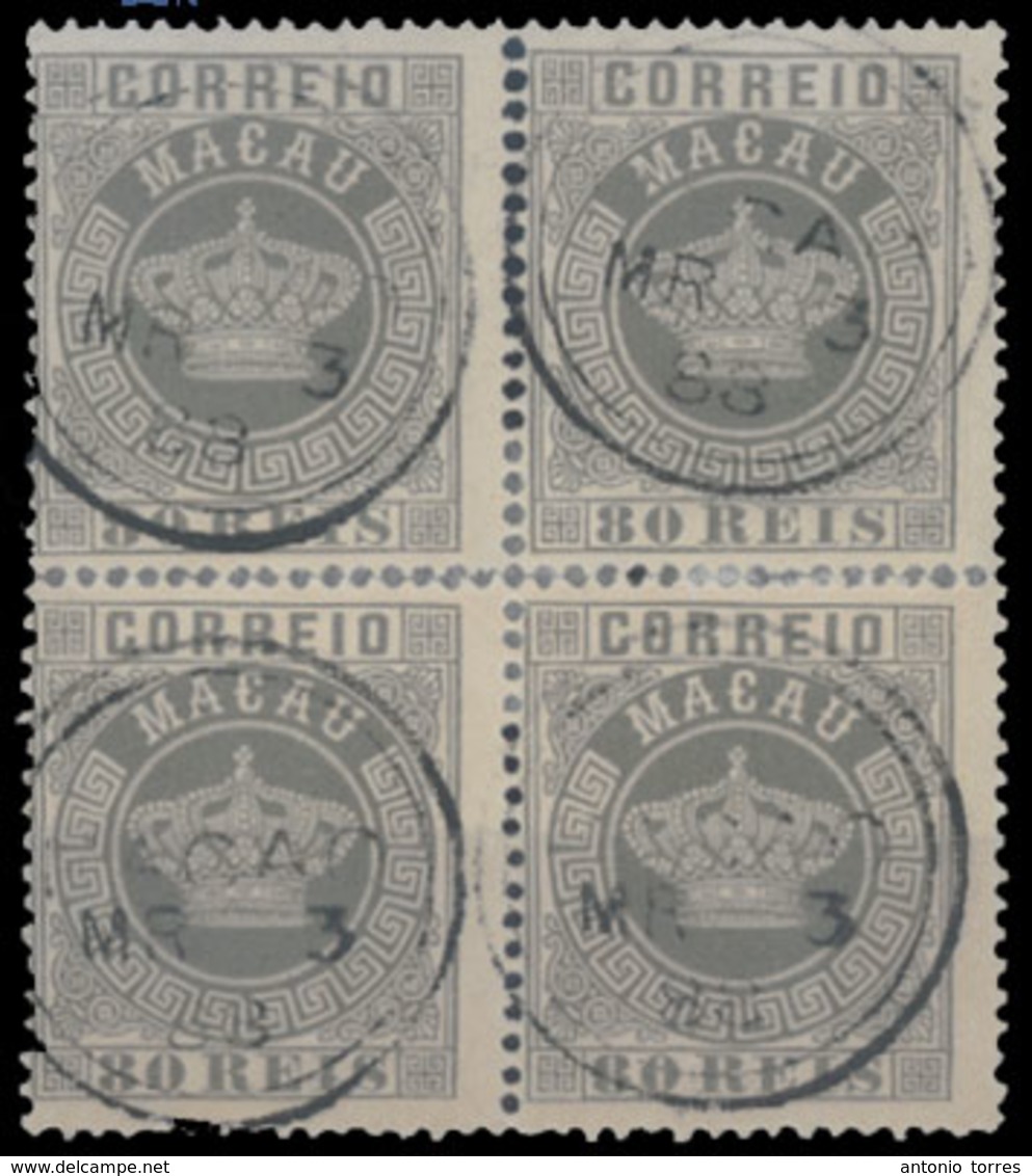 MACAU. 21º. 1885 Crown Issue. 80rs Grey Perf 13½  Used BLOCK OF FOUR (Two Horiz. Pairs Have Been Reinforced In Between), - Autres & Non Classés