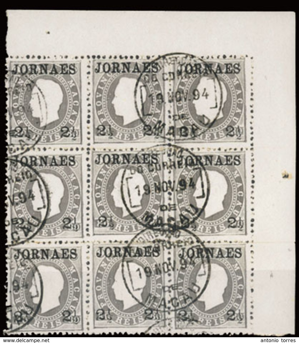 MACAU. 44º (x9) 1892-3. D. Luis Ovpted. Upper Right Side Corner Sheet With Borders, Block Of Nine With Central Cancellat - Other & Unclassified