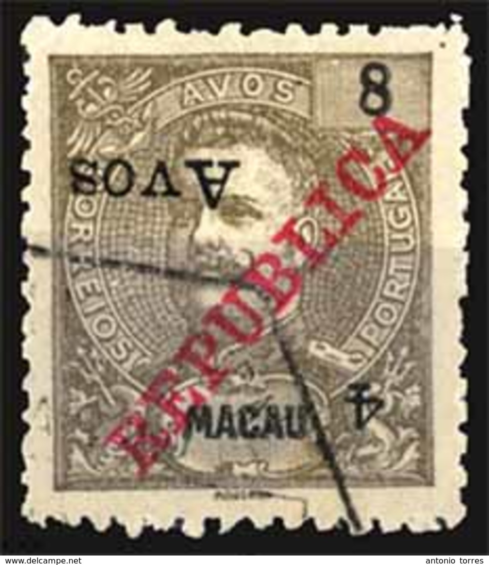 MACAU. 1913. 4a On 8a Grey Brown Optd "Republica" In Red, A Fine Used Example With Variety "4 Avos" Inverted. Scarce Sta - Other & Unclassified