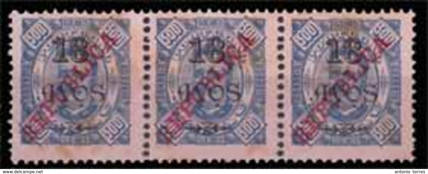 MACAU. 239* (x3) 18a S/ 300r Blue / Cream. 1915 Lisbon Republica. The Key Stamp Of The Set, Horiz. STRIP OF THREE. - Altri & Non Classificati