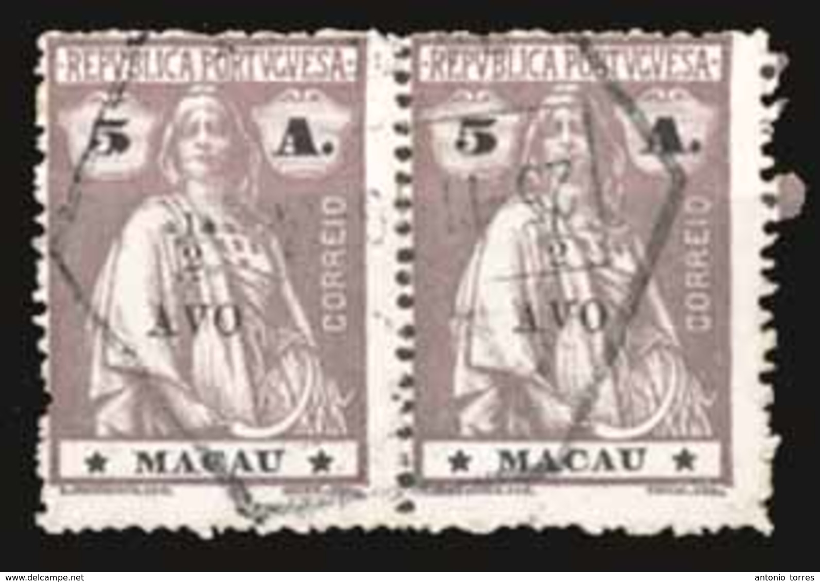 MACAU. 243º (x2). 1/2a / 5a. Light Chestnut 1919 Ceres Ovpted. Issue. Horiz. Used Pair, Central Hexag. "25-11-19". Scarc - Altri & Non Classificati